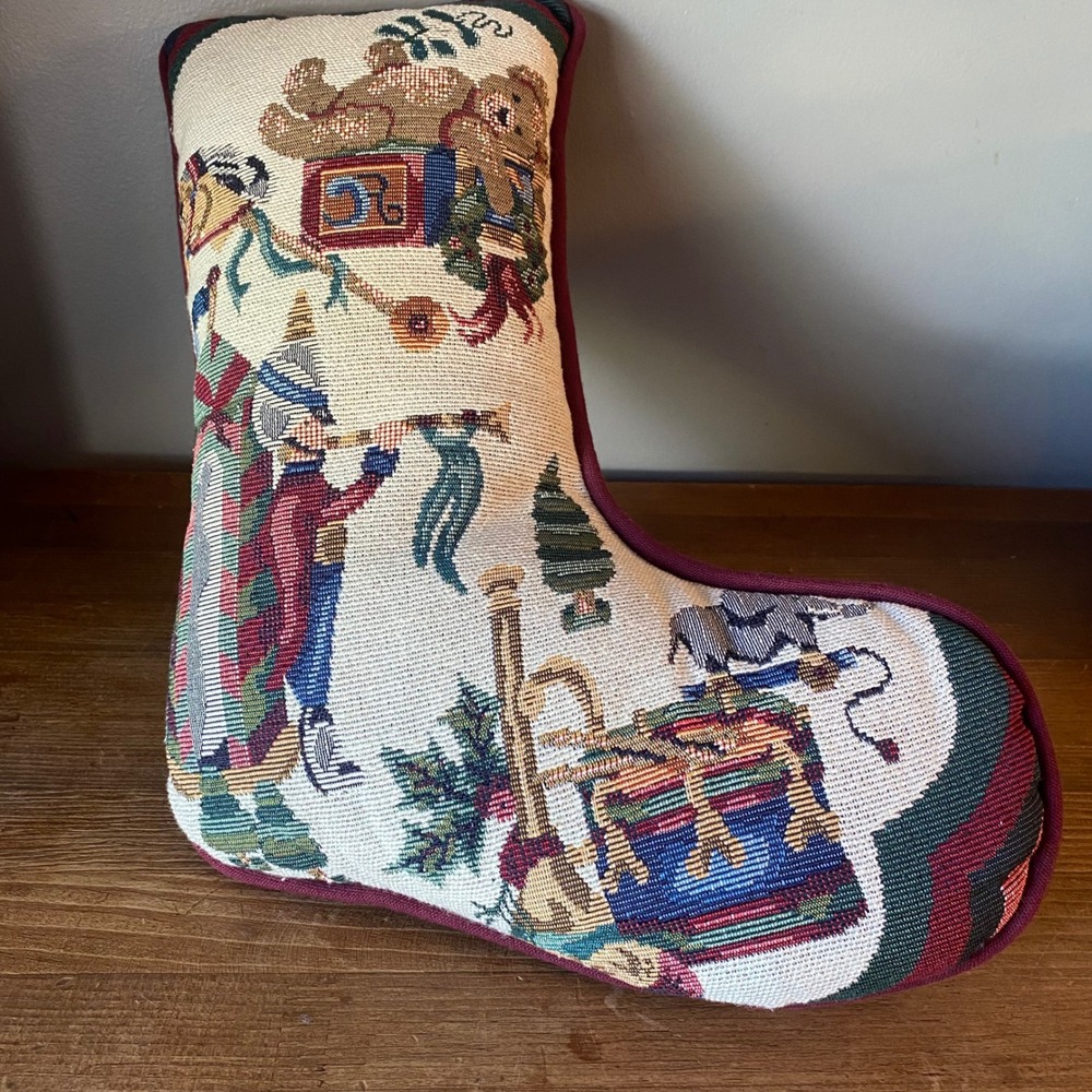 Vintage Christmas Stocking Tapestry Pillow Nutcracker Teddy Bear Burgundy Back